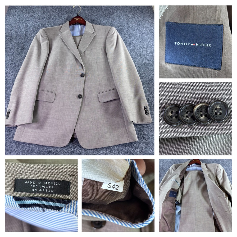 Tommy Hilfiger Suit Mens 42S W38‎ L30 Tan 100% Wool Sharkskin 2-Button